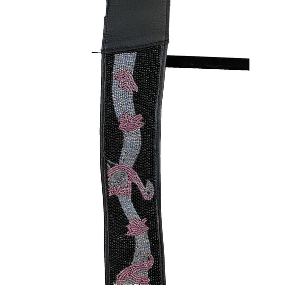 Vtg Beadz Women\'s Art Deco Black Faux Leather Belt with Pink Beaded Flamingos main image 10